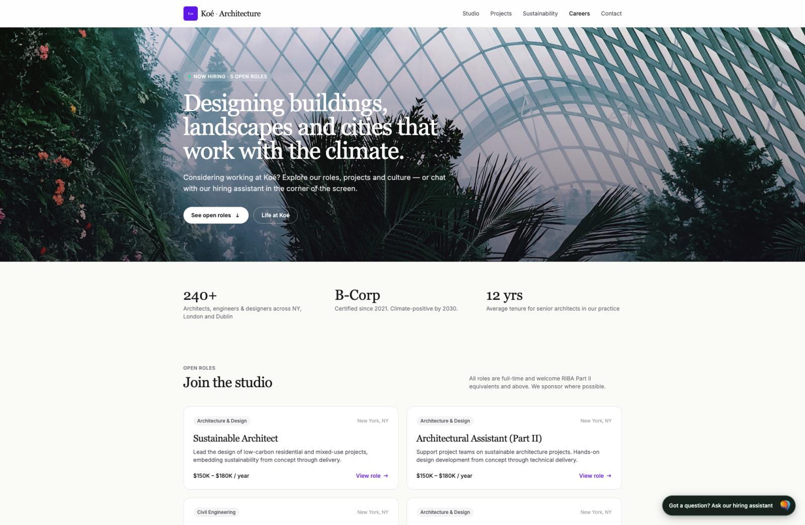 A careers site with the Voyse assistant open in the corner