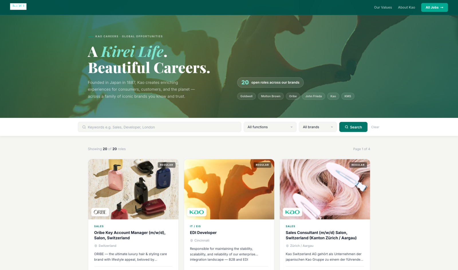 A job listing page on a consumer goods careers site
